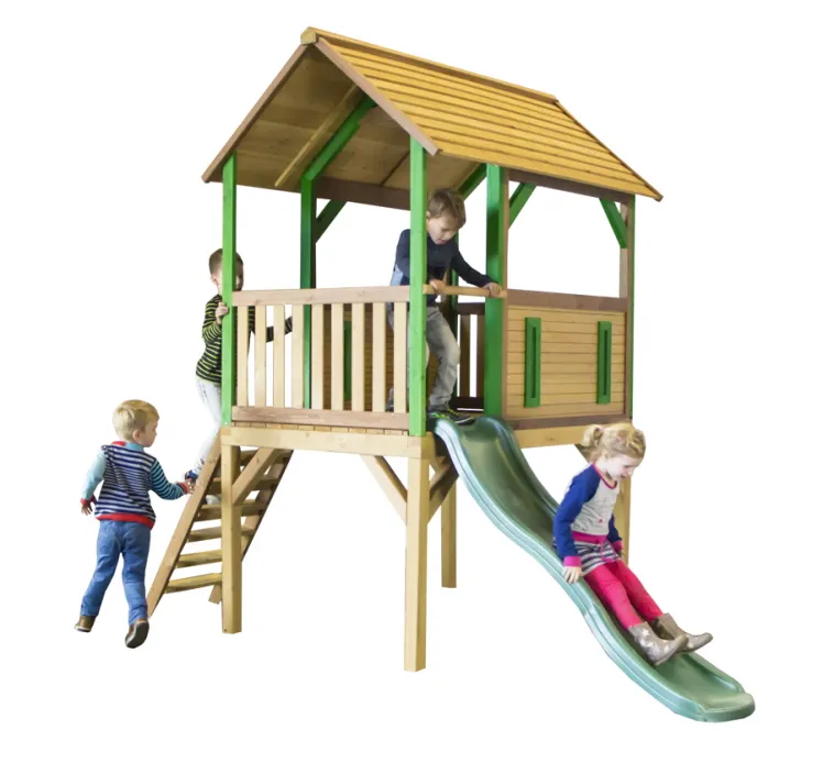 Kinder-Spielturm Holz hohes & offenes Stelzen-Spielhaus Rutsche vorgestrichen
